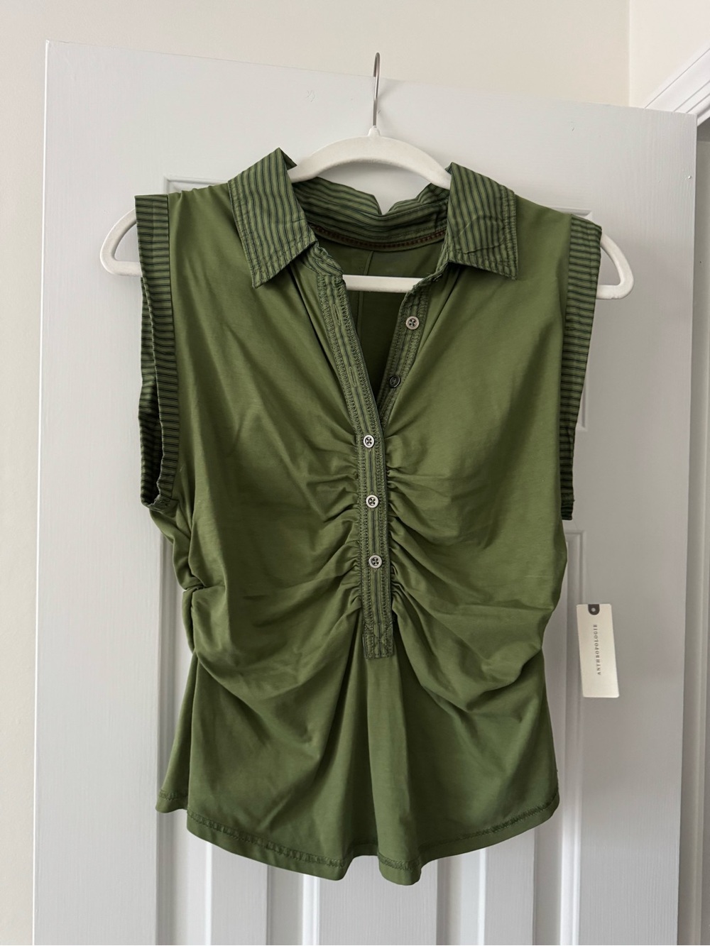Pilcro Anthropologie Olive Green Ruched Polo Tank